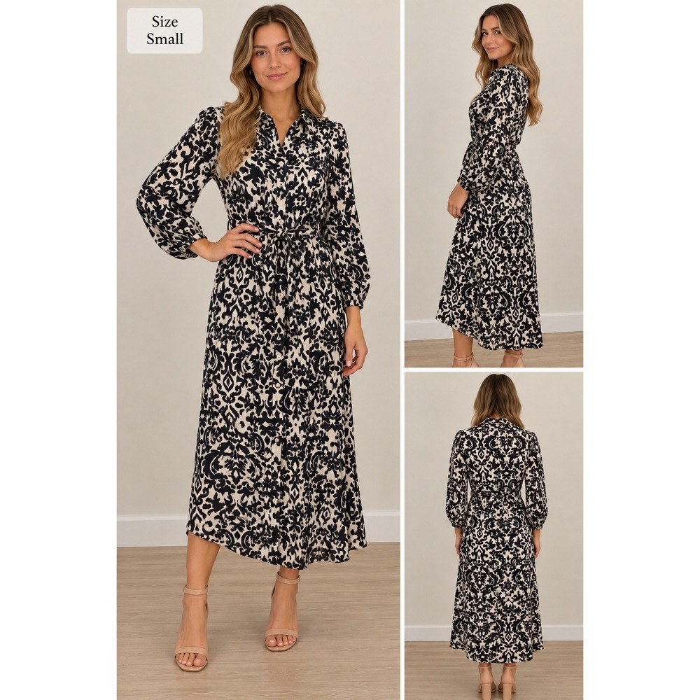 Zara Navy Cream Ikat Damask Print Midi Shirt Dress Small Long Sleeve Belted NWOT